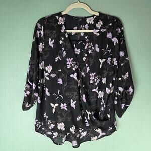 West Kei Womens Black Purple Floral Alexa Surplice Roll Tab Blouse Size Medium